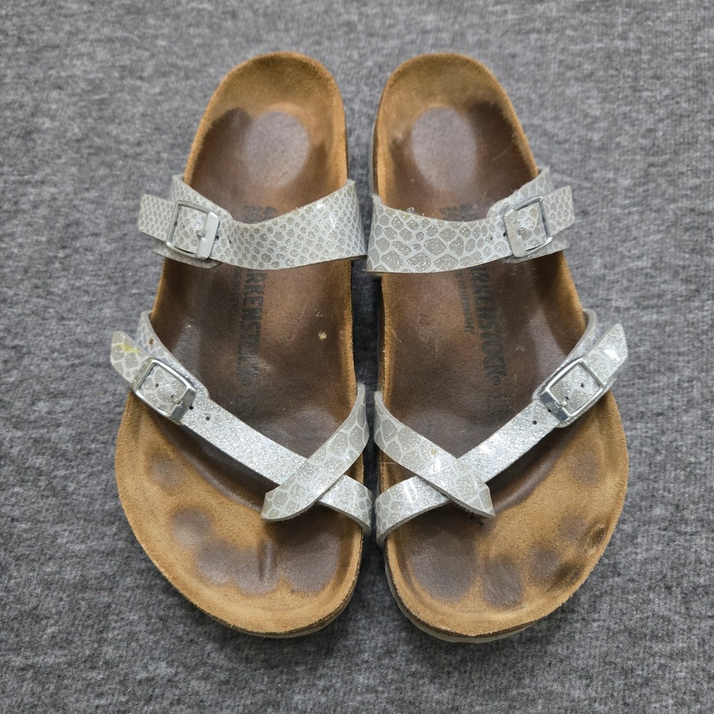 Birkenstock Mayari Sandals Women 40 Silver Snake Print Glitter Strappy Comfort - Picture 11 of 11